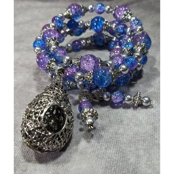 Handmade Fairycore Bird's Nest Blue And Purple Beaded Coil Bracelet - Picture 6 of 8